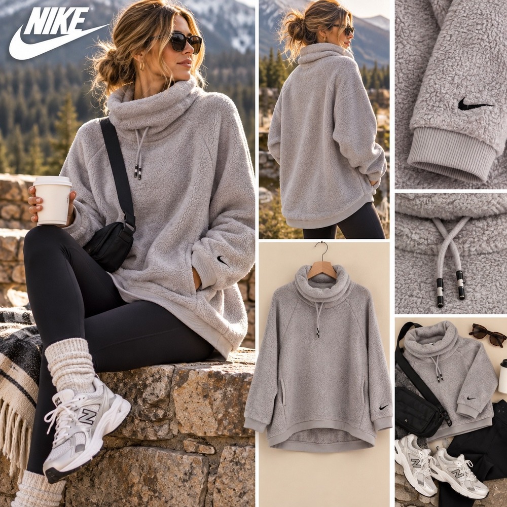 Nike Sherpa Fleece Cowl Neck Pullover XL Oversized Gray Cozy Sweatshirt